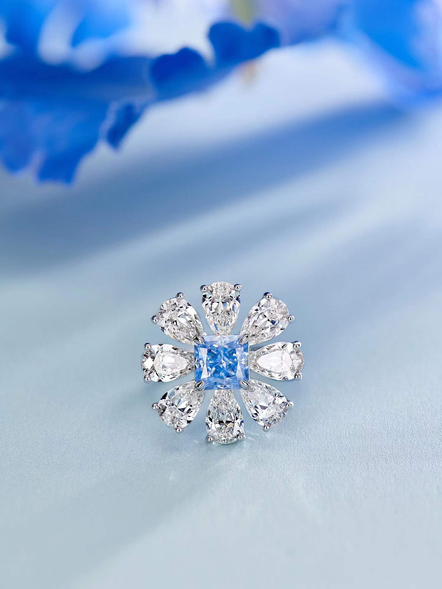 Femmes 925 argent Sterling cristal fleur bague éblouissante bleu gemme carré Zircon anneau géométrique goutte d'eau conception bijoux de mariage