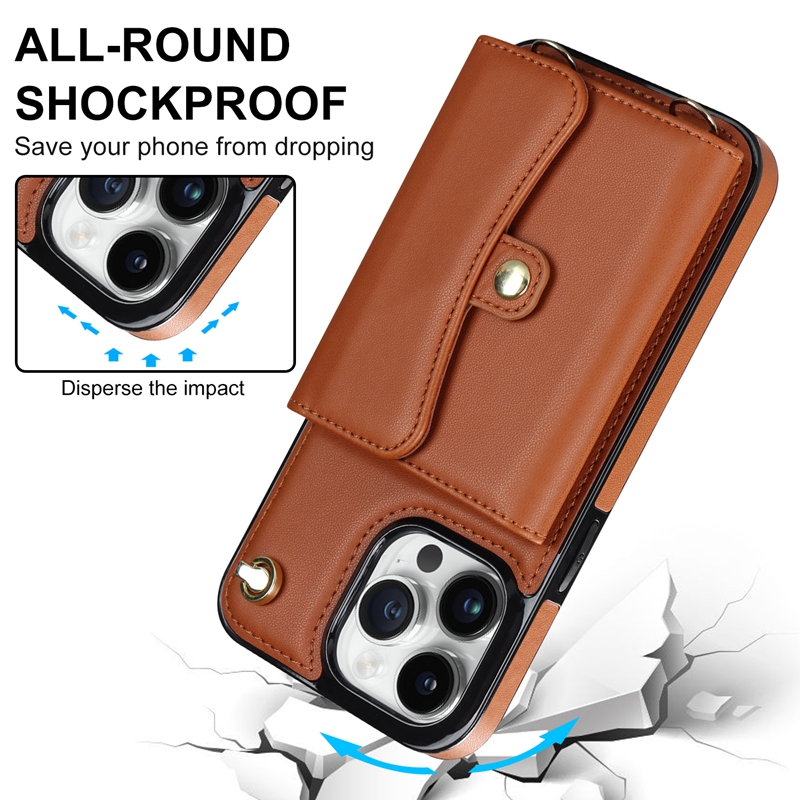 Fashion Organ Leather Wallet Cases For Iphone 15 14 Pro Max Plus 13 12 11 X XR XS MAX 8 7 SE2 Credit ID Card Slot Money Cash Pocket Holder Phone Back Cover Crossbody Lanyard