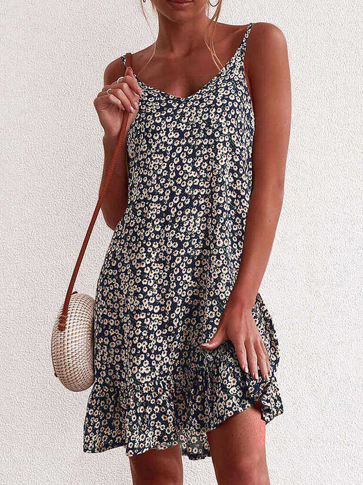 Casual Dresses Summer Boho Floral Dress Women rygglös spaghetti rem klänning strand sexig bohemiska blomma kortpartklänningar för kvinnor T230210