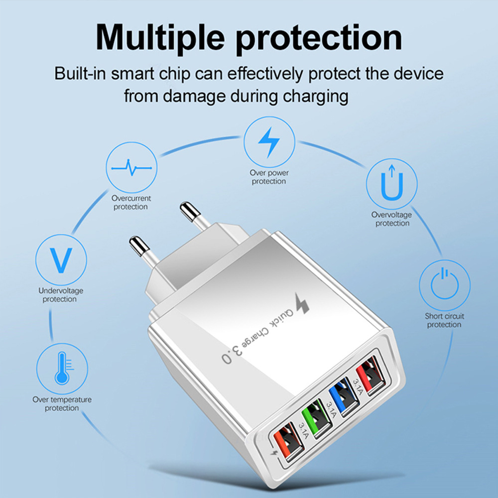 QC3.0 Cell Phone Chargers 4USB Current Stable 5V 3A Multi-port PD Wall Charger Quick Charging