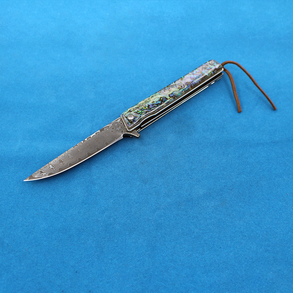 Новый R2317 карманный складной нож 76 слои VG10 Damascus Steel Blade Blue Abalone Heell Grenge Harding Flipper Fast Open Nepive с нейлоновым пакетом