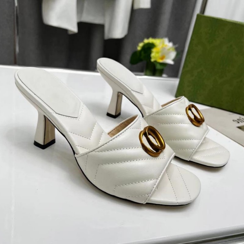 Sandals Spring and autumn top heel slippers classic summer lazy designer fashion metal letters flip-flops leather women's wedding dress sexy formal sandals L 35-43