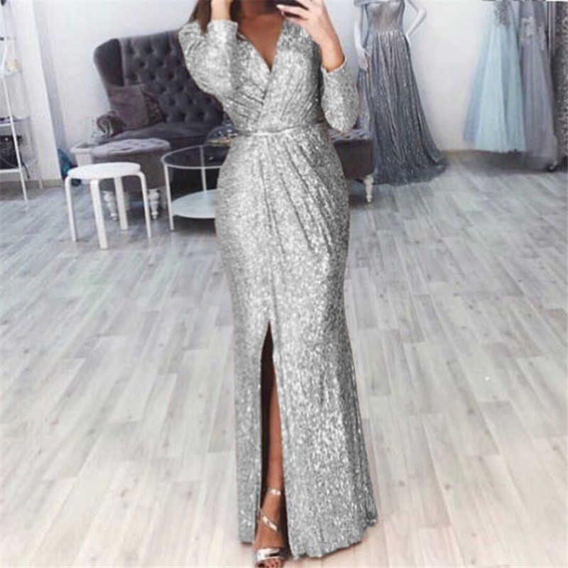 Casual Dresses Women Dress V Neck Floor Length Long Sleeve Thigh High Slit Sequin Mermaid Dresses Plus Size Evening Gowns Lady Elegant Dresses T230210