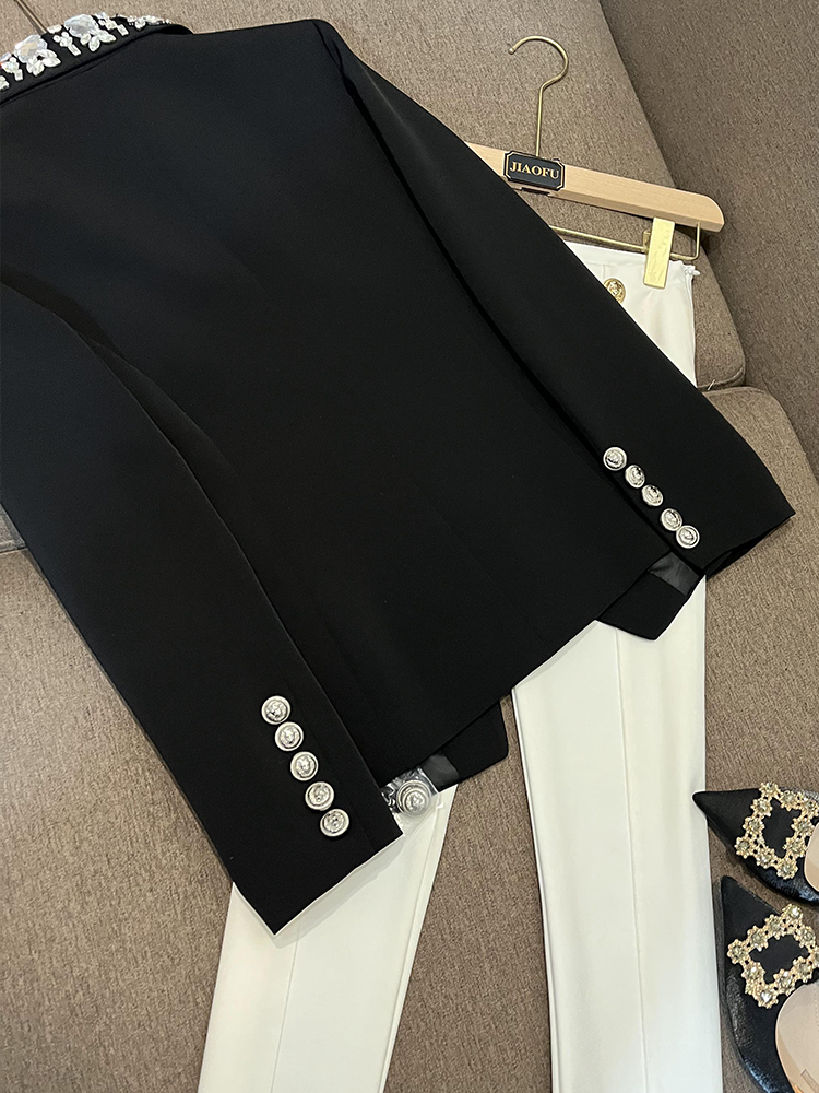 2023 Spring Black Solid Color Beaded Rhinestone Blazers Long Sleeve Lapel Neckline Double-Breasted Outwear Coats O3F152122