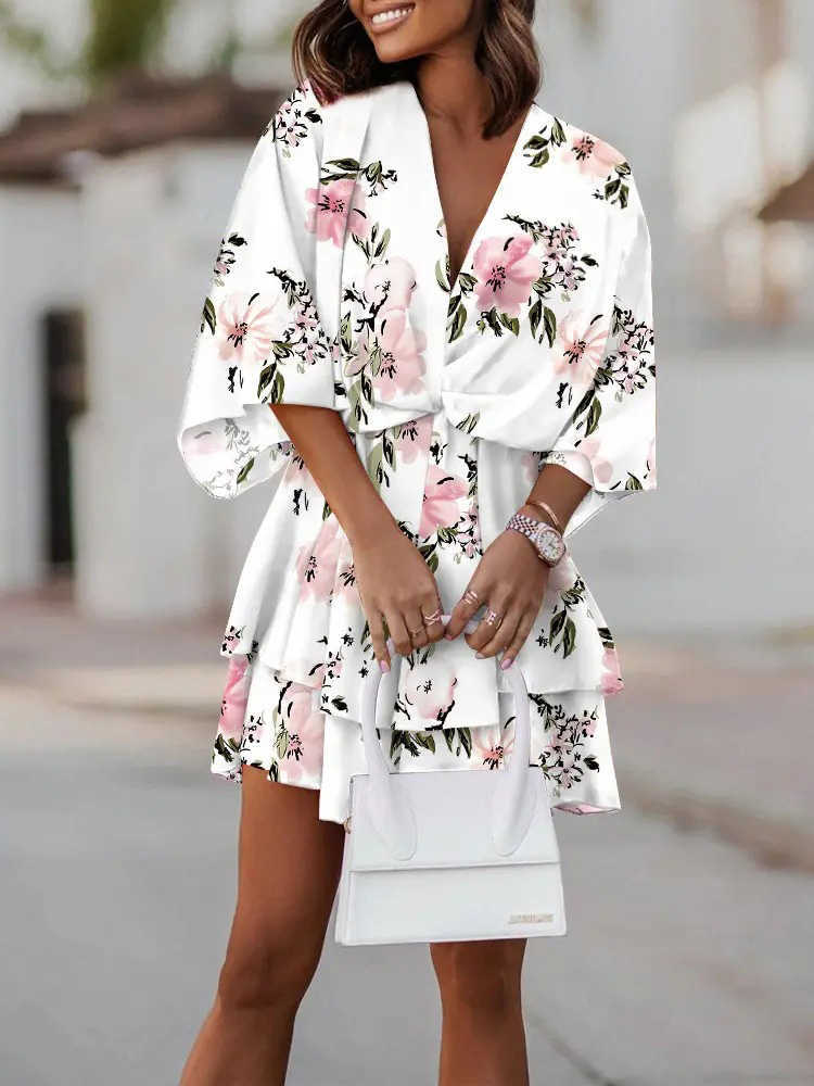 Casual Dresses Tropical Print Twist Design Casual Dress Women Batwing Half Sleeve Summer Dress T230210