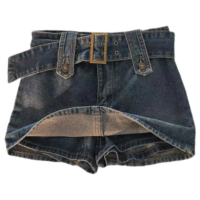 Skirts Y2K Vintage Women Korean Button Belted Short Denim Mini Skirts Aesthetic Fairy Grunge High Waiste Jeans A-line Skirt Alt Clothes L230215