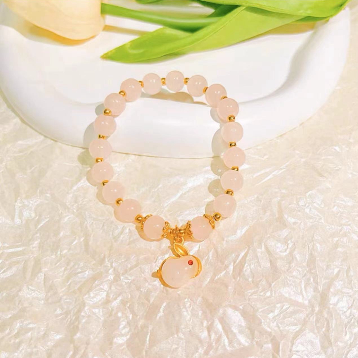 Chinese Style Jade Rabbit Blessing Elastic Beaded Bracelet For Women Charm Bunny Animal Bangle Jewelry Gifts