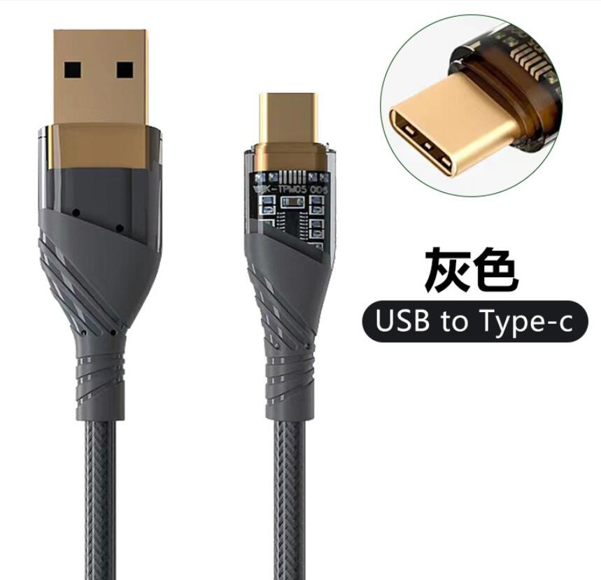 Nya trendiga kablar Creative Clear Housing Mobiltelefon Snabbladdning Transparent typ C Snabbladdning USB-kabel Typ-C 3A