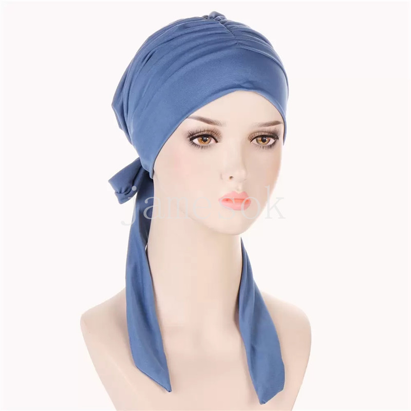 Pre-tied Muslim women's inner cap elastic headband long tail bow headband chemotherapy female hair loss cap wrap DF054