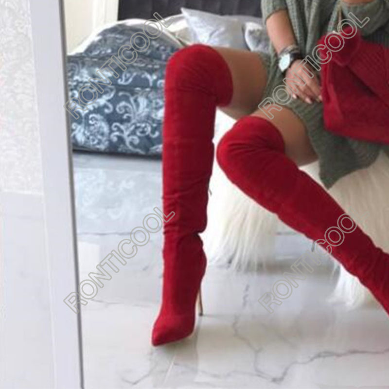 Ronticool Handmade Fashion Women Winter Thigh High Boots Sexy Stiletto Heels Pointed Toe Green Red Shoes Women Us Size 5-15