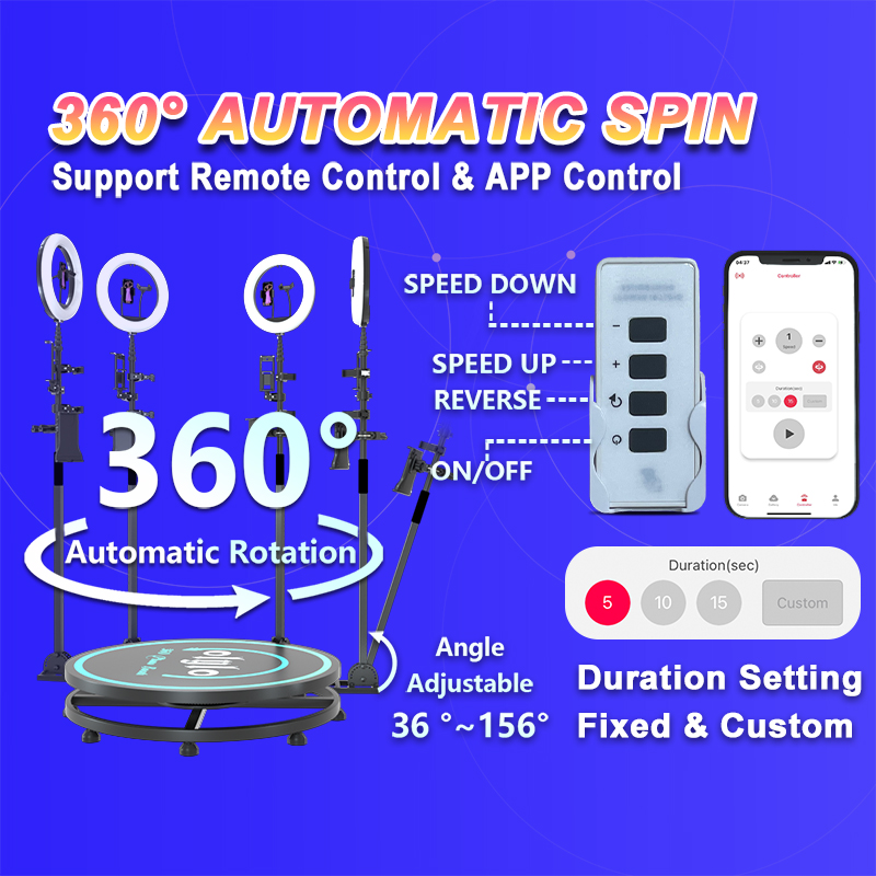 Stand 360 Po avec éclairage annulaire, plate-forme de Selfie Portable rotative à mouvement lent pour Machine de location de fêtes, logiciel vidéo Po 360 195a