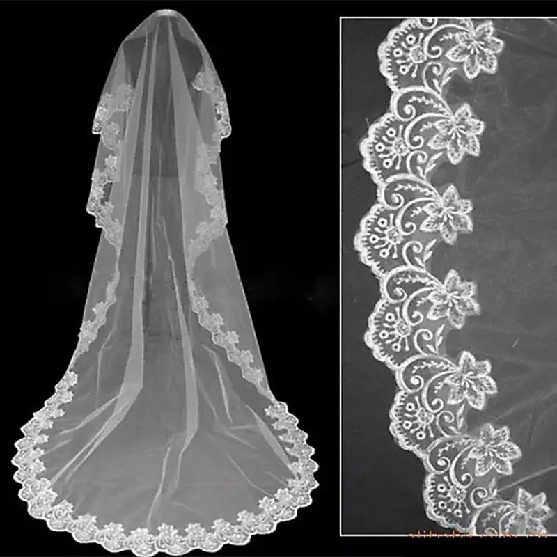 White/Ivory Lace Wedding Veil Long Brildal Veil Lace Edge Catherdral Length Net Wedding Accessories