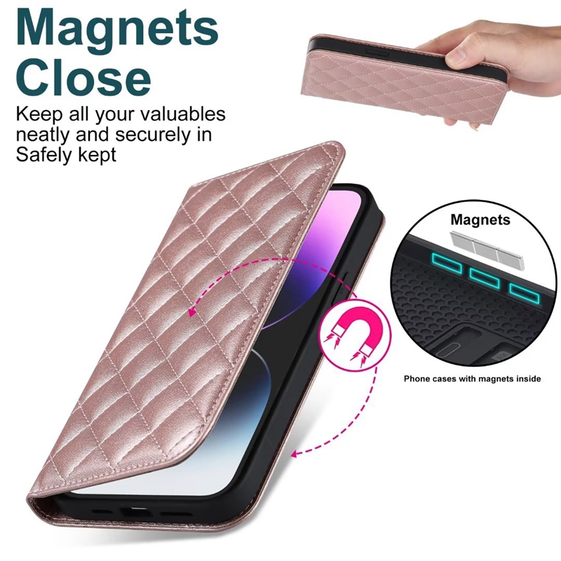 Luxury Magnet Leather Wallet Cases For Iphone 14 Pro Max Plus 13 12 Suck Closure Credit Card Slot Pocket Holder Stand Checkered Diamond Grain Flip Cover Pouch Purse