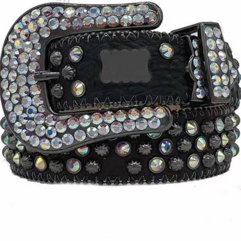 Retro läder bb bälte herr rhinestone designer bälten mens lyxiga kreativa midja bred cinturonesgift full crystal svart vit lyx260m