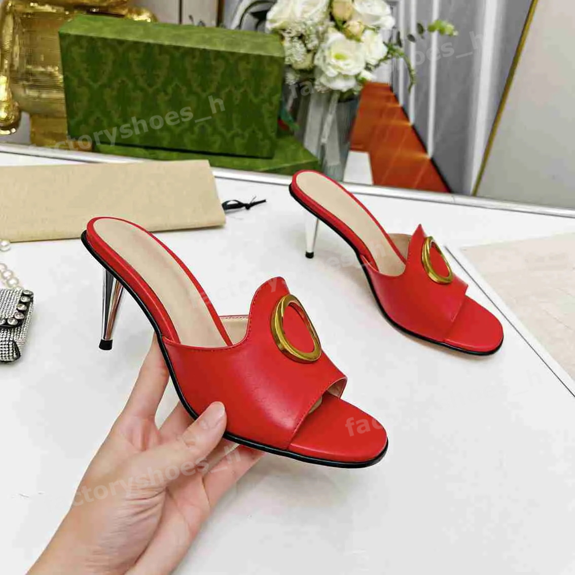 Designer Sandal Women Blondie Sandal Metal Stiletto Shoes Leather High Heels Circular Interlocking Slippers Ladies Wedding party Slides 6.5cm Heel Slipper 35-43