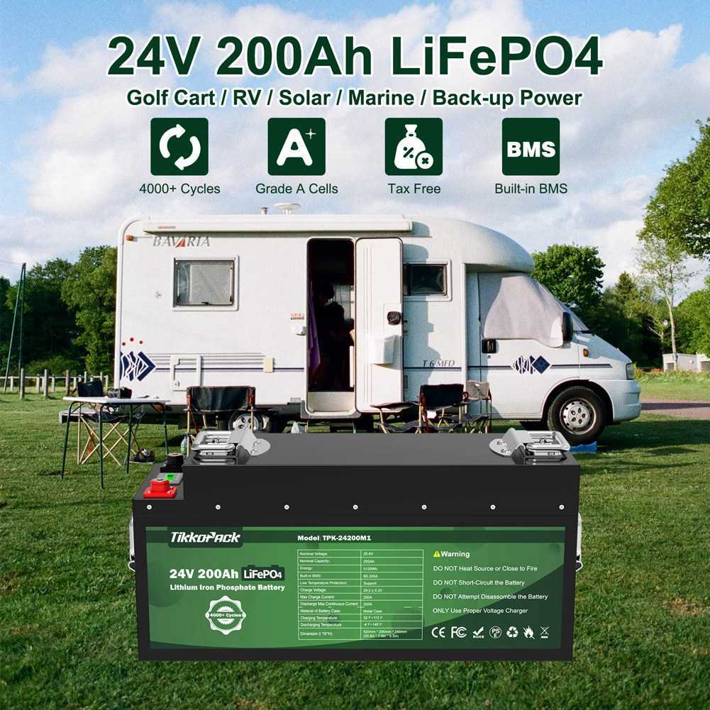 TIKKOPACK 24 V 200 Ah LiFePO4-Akku, 25,6 V, 5120 Wh, wiederaufladbare Batterien, 4000 Zyklen, integriertes BMS, 4S, 200 A, Wohnmobil, Auto, EU, keine Steuer