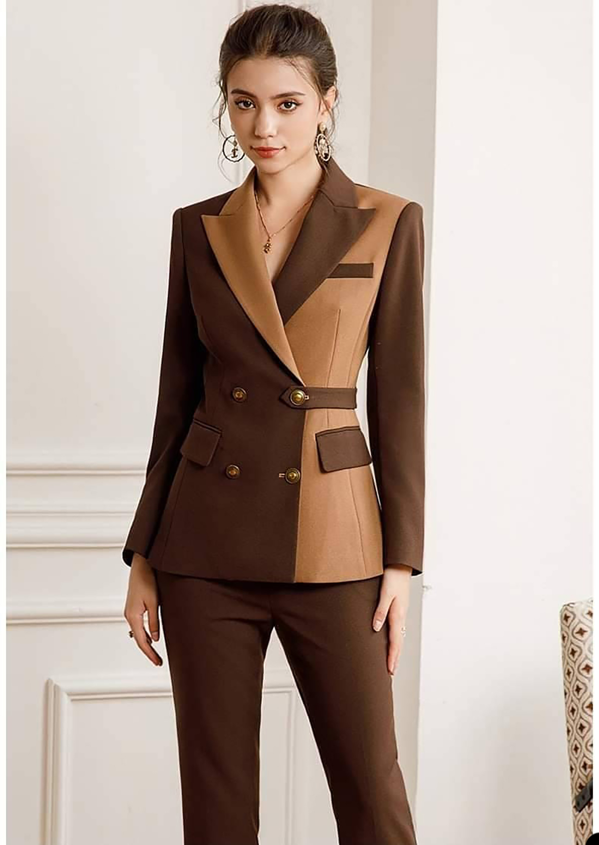 Couleur chocolat femmes pantalons costumes coupe ajustée tenue de soirée sur mesure pour mariage pantalon droit deux pièces