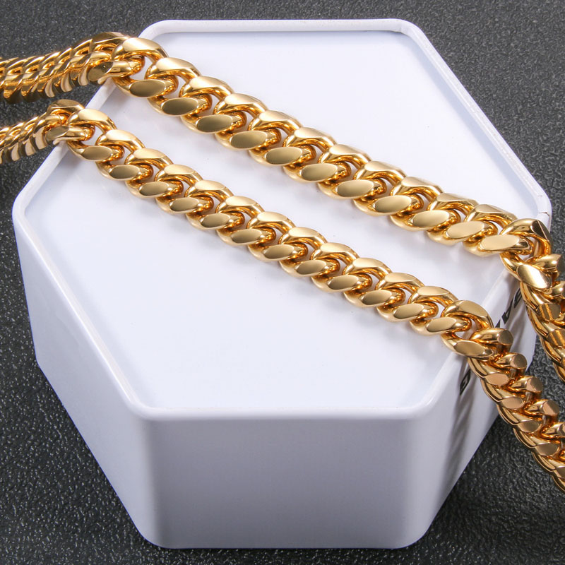 6mm-14mm Unisex Cuban Link Chain Necklace Bracelet Curb Choker Chains Jewelry Cubic Zirconia Box Clasp 316L Stainless Steel 18K Gold Plated 18inch-30inch