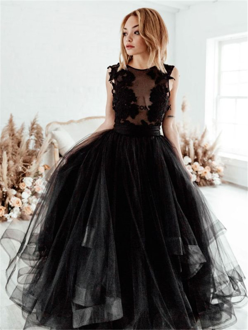 Sexy Open Back Black Prom Dresses Sheer Illusion Lace Appliques Ruffles Tulle Long Evening Gowns Tier Skirts Women Party Vestidos BC15175