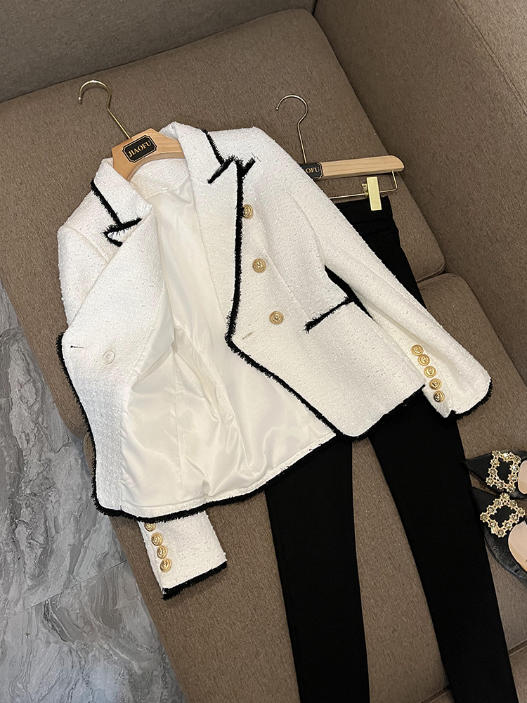 2023 Spring Contrast Trim Tweed Blazers White Contrast Color Long Sleeve Notched-Lapel Fringe Panelled Double-Breasted Outwear Coats O3F152332