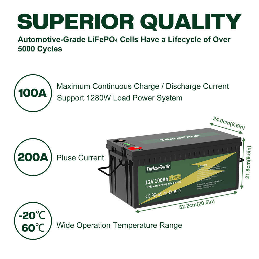 TIKKOPACK 12V 100Ah Paquete de batería de litio Conector BMS incorporado 4S 100A 5000 Ciclo Lifepo4 Celdas recargables para sistema solar