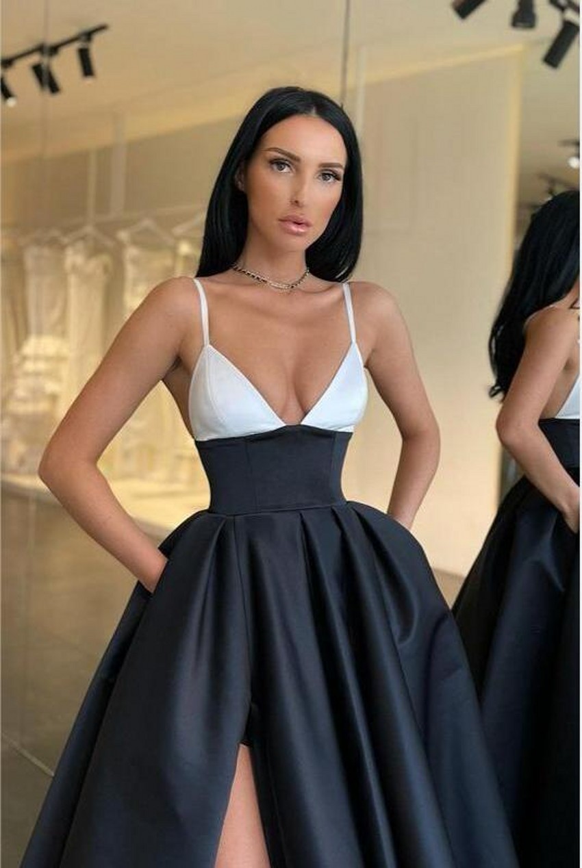 Elegant A Line Evening Dresses Spaghetti Straps High Side Split Floor Length Formal Evening Party Dress Prom Birthday Pageant Celebrity Special Occasion Gowns