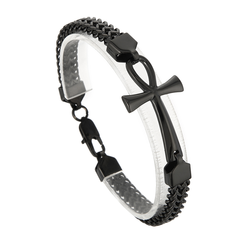 KB164177-KFC Rock Hip-hop Double Rangée Chaîne Tressée Bracelet En Acier Inoxydable Croix Égyptienne Bracelets Pour Hommes 3 Couleurs Choisissez 8mm 8.66inch