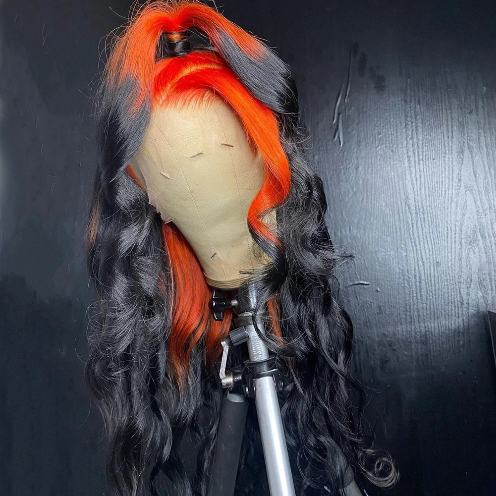 Ombre ingefära orange färgade spetsar främre mänskliga hår peruker för kvinnor transparent spets kroppsvåg syntetisk peruk före plockad 180%