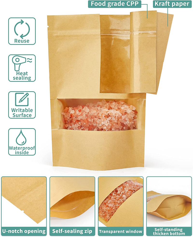 再利用可能な密閉可能な窓付きクラフト紙袋スタンドアップパウチバッグ製品包装用ジップロック食品保存袋