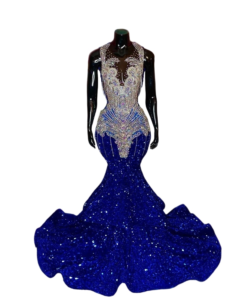 Sparkly Royal Blue O Neck Long evening Dresses Black Girls 2023 gillter Celebrity prom Beaded Birthday Party Gowns Mermaid