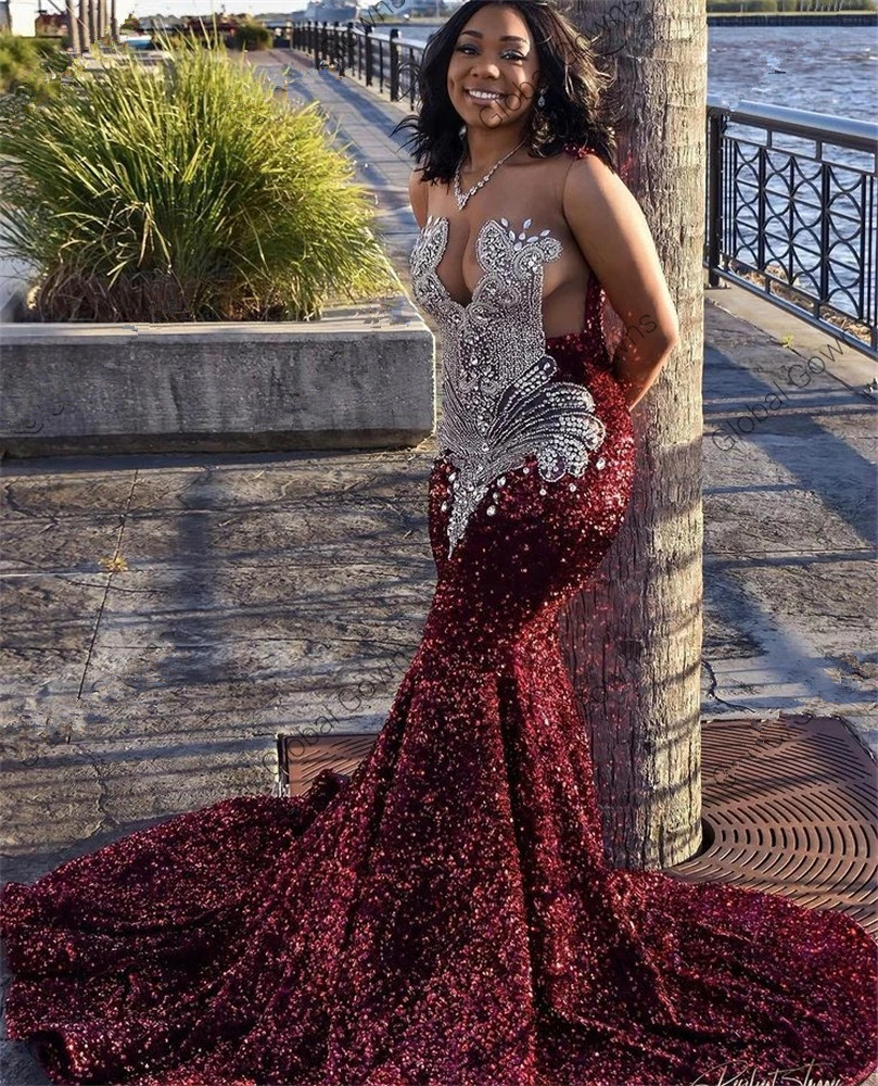 Bourgogne col en V longue robe de bal pour les filles noires 2023 aso ebi perlé gillter paillettes fête d'anniversaire soirée robe formelle