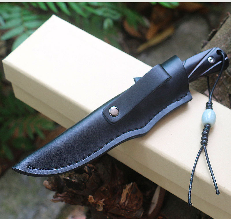 Hot M6692 Couteau droit de survie 7Cr13Mov Satin Drop Point Bade Full Tang Poignée en ébène Camping en plein air Randonnée Couteaux de chasse avec gaine en cuir