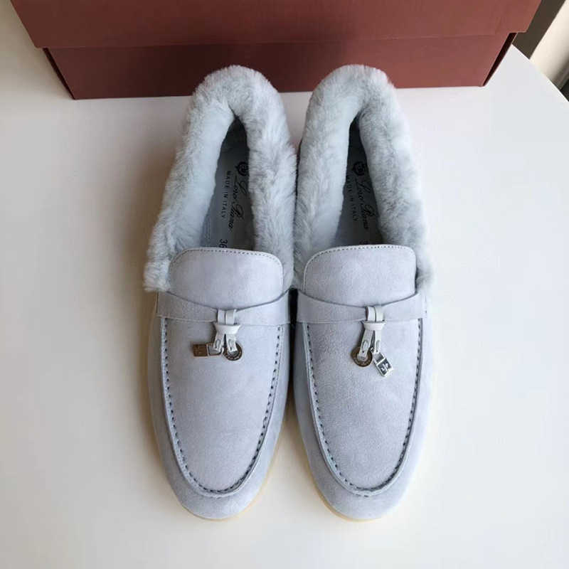 Designer loropiana charms skor ren original lp kvinnor skor high-end platta loafer skor får mocka plyschskor kanin hår varma bomullskor kvinnor