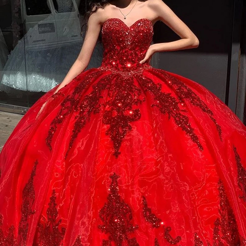 Red Sweetheart Quinceanera Dresses Glittering Tulle Lace Applique For 15 Party Formal Dress Ball Gown 16 Birthday Princess Gowns 0216