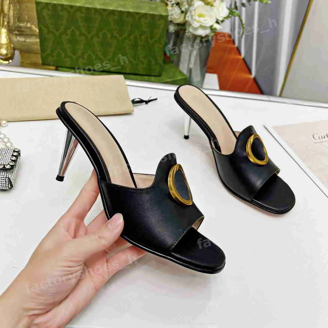 Designer Sandal Women Blondie Sandal Metal Stiletto Shoes Leather High Heels Circular Interlocking Slippers Ladies Wedding party Slides 6.5cm Heel Slipper 35-43