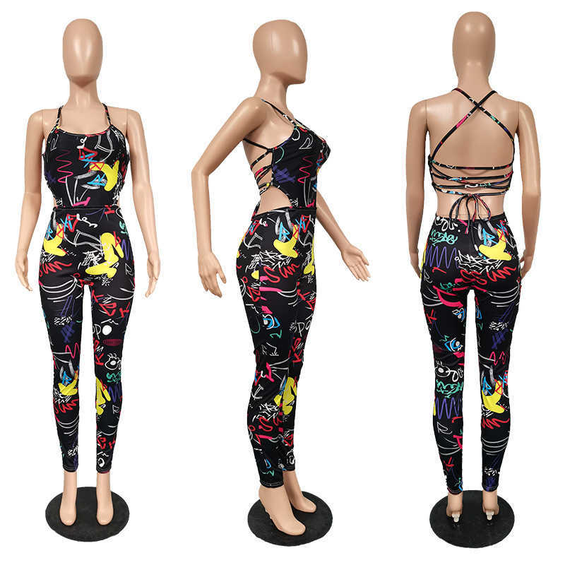 Women Sexy Bandage Backless Jumpsuits 2023 Designer Summer Trend Graffiti Printed Bodycon Rompers Nightwear