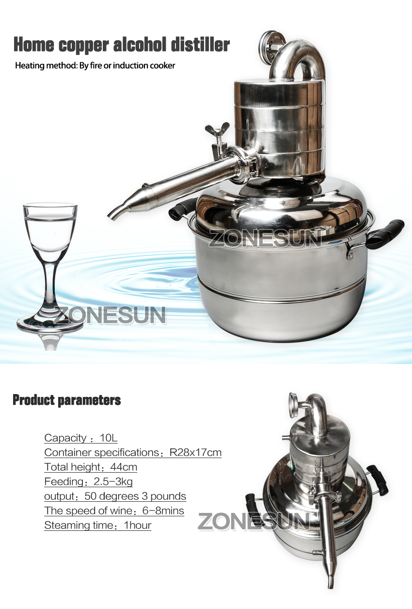 Zonesun 10l destilador para bebedor de álcool bar instalações domésticas vinho água destilada grande capacidade fabricante vodka cerveja uísque