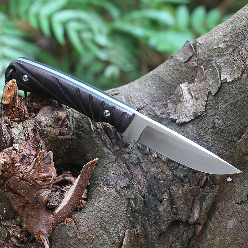 Hot M6692 Couteau droit de survie 7Cr13Mov Satin Drop Point Bade Full Tang Poignée en ébène Camping en plein air Randonnée Couteaux de chasse avec gaine en cuir