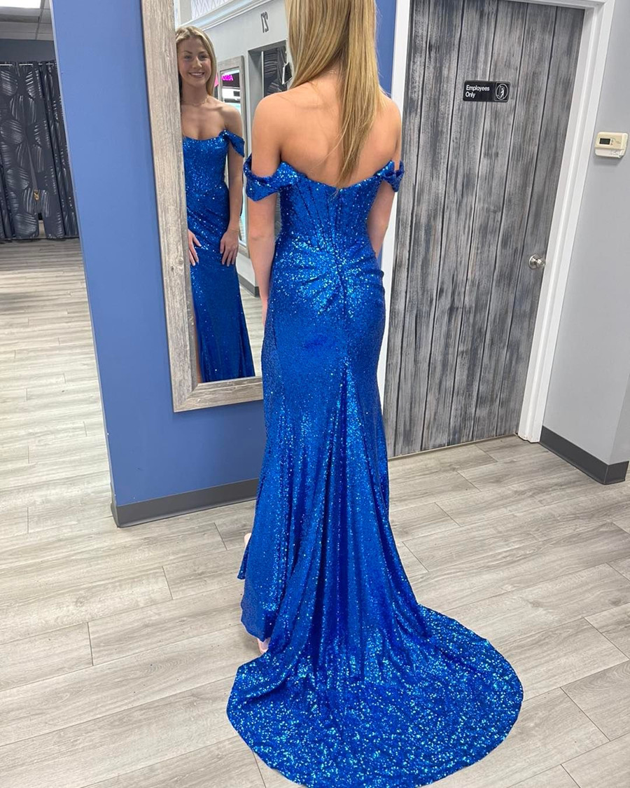 Потрясающие расколотые королевские синие блестки выпускные платья с разрезой русалка платье без спинки платье для вечеринки.