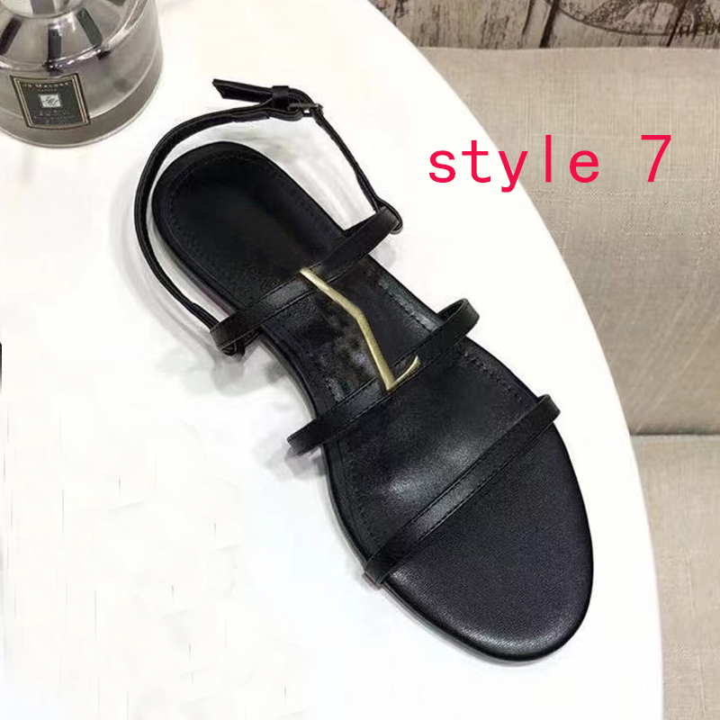 Kvinna strand sandal designer skor romerska dam sandaler mode läder damer platt sko loafers metall knapp sexig bankett kvinnors skor stor storlek 35-41 US4 = US10 med låda