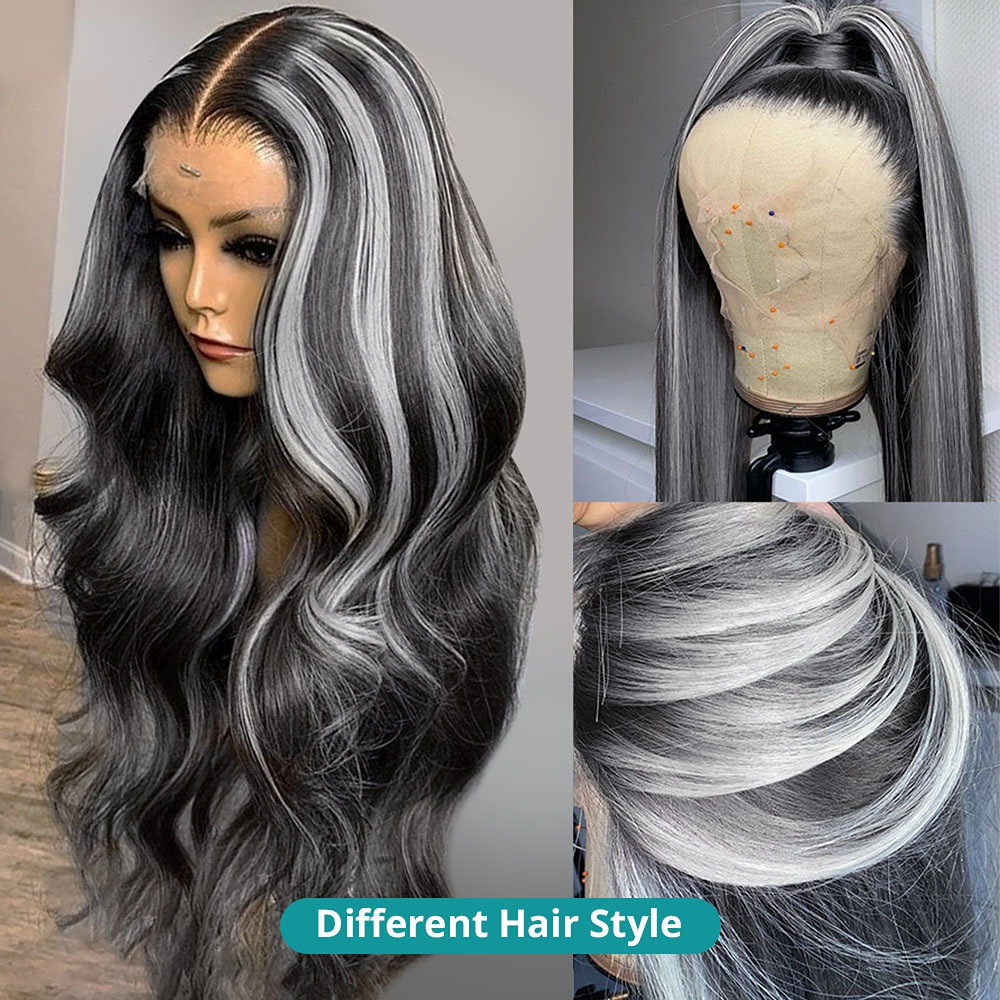 Grijze Highlight Pruik Echt Haar 13x4 Body Wave Lace Front Pruik Platina Blonde Highlights Gemengde Gekleurde Synthetische Pruik voor Vrouwen