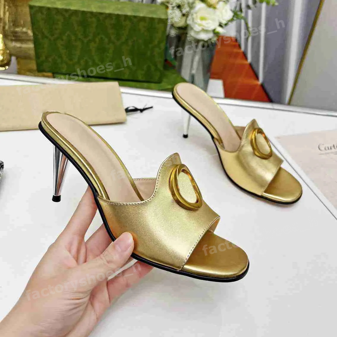 Designer Sandal Women Blondie Sandal Metal Stiletto Shoes Leather High Heels Circular Interlocking Slippers Ladies Wedding party Slides 6.5cm Heel Slipper 35-43