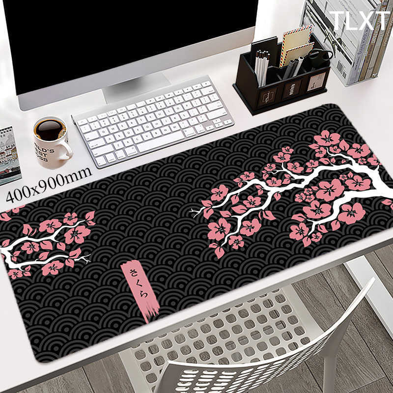 Muskuddar Handled vilar stora vackra muspad Sakura Mouse Pad Computer Mouse Mat Black Stitching Desk Mat för PC -tangentbordsmatta Bordmatta 400x900mm T230215