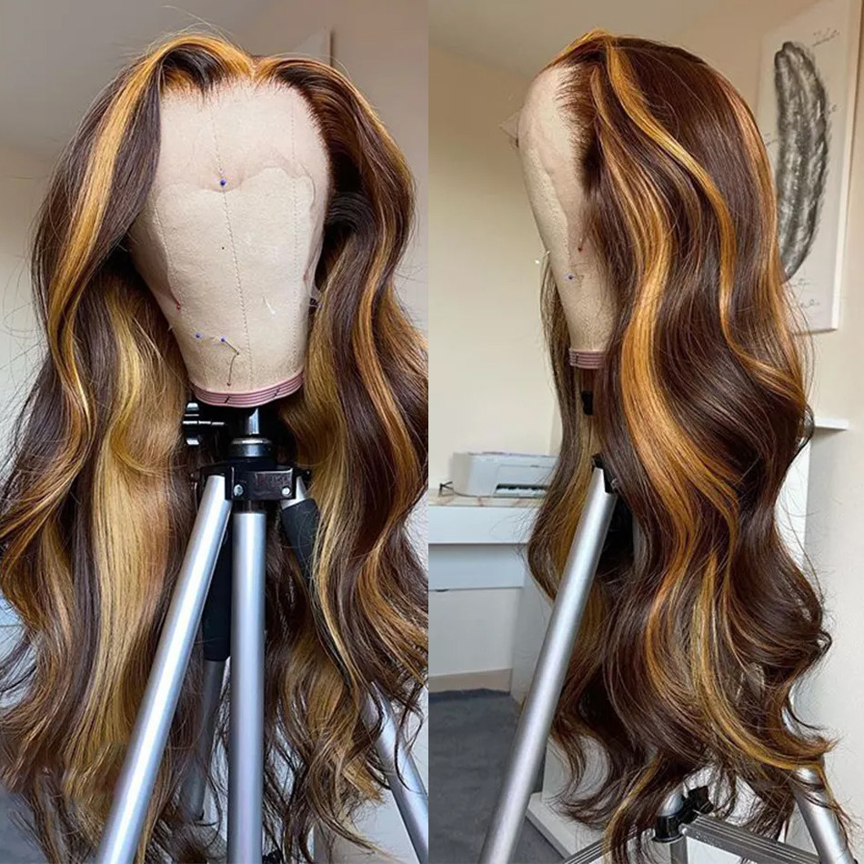 Perruque Lace Front Wig Body Wave brésilienne longue 36 pouces, perruque synthétique à reflets blond ombré résistante à la chaleur pour femmes