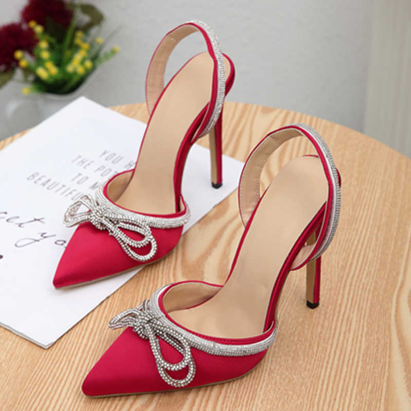 Chaussures habillées femmes pompes 2022 mariage talons hauts rouge dames sandale été Sexy strass chaussures pour femmes papillon-noeud femme diapositives L230216