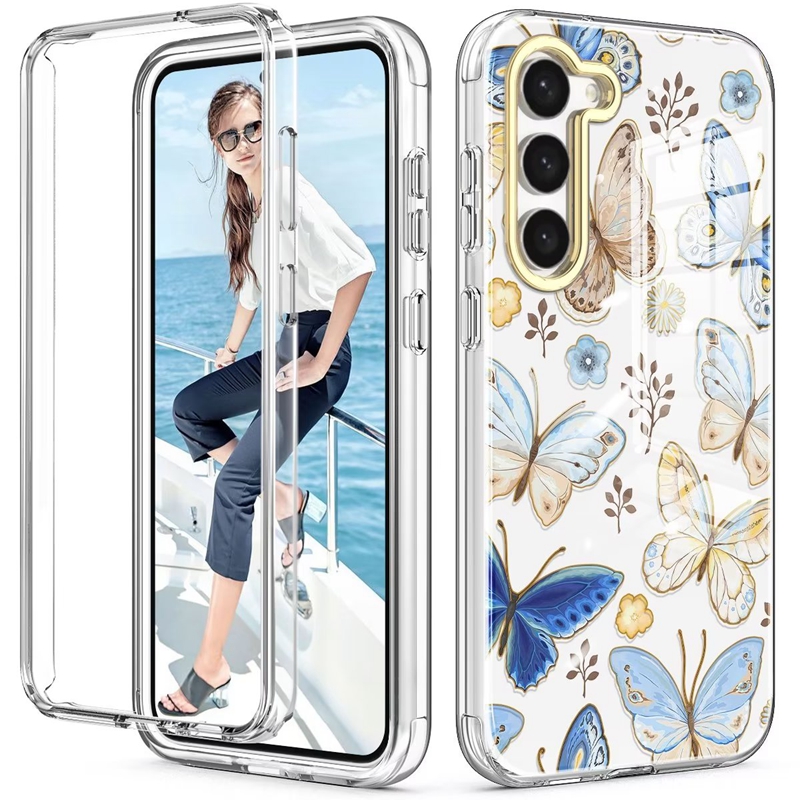 Shockproof Cases For Samsung S23 Plus S23 Ultra Flower Butterfly Marble Chromed Metallic Plating Hard PC Soft TPU Hybrid Layer 360 Full Cover Bumper Front Back Covers