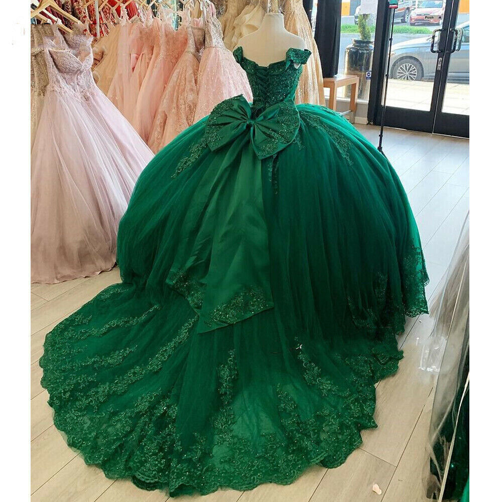 上品な緑色のレースQuinceanera Dresses2023 Puffy Tulle Ball Gown Gown Meninas de 15 Anos Porno Sweet 15 Birthday Party With Bow Elegant Prom Dress Vestidos DE XV ANOS