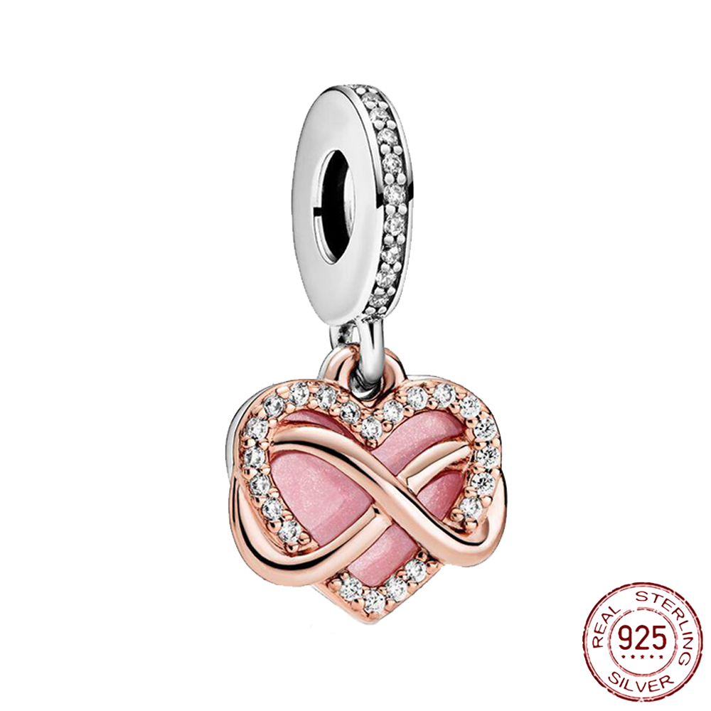 925 Sterling Silver New Fashion Women Pendant, rosa hjärtformade pärlor, blommor, ballonger, kärlek, kompatibel med det ursprungliga Pandora-armbandet, handgjorda smycken