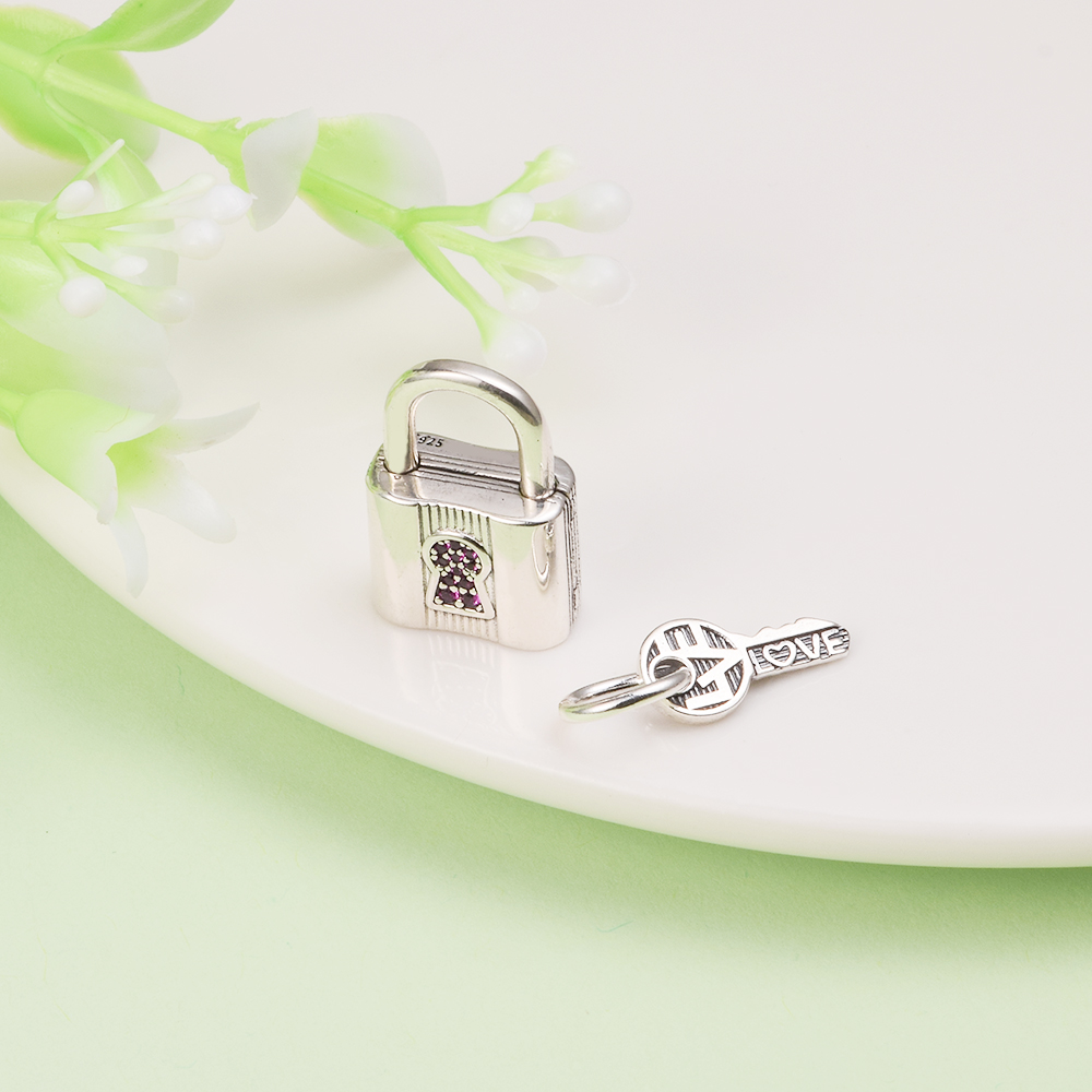 925 Sterling Silver Forever Love Lock & Key with Pink Cz Bead Fits European Pandora Style Jewelry Charm Bracelets