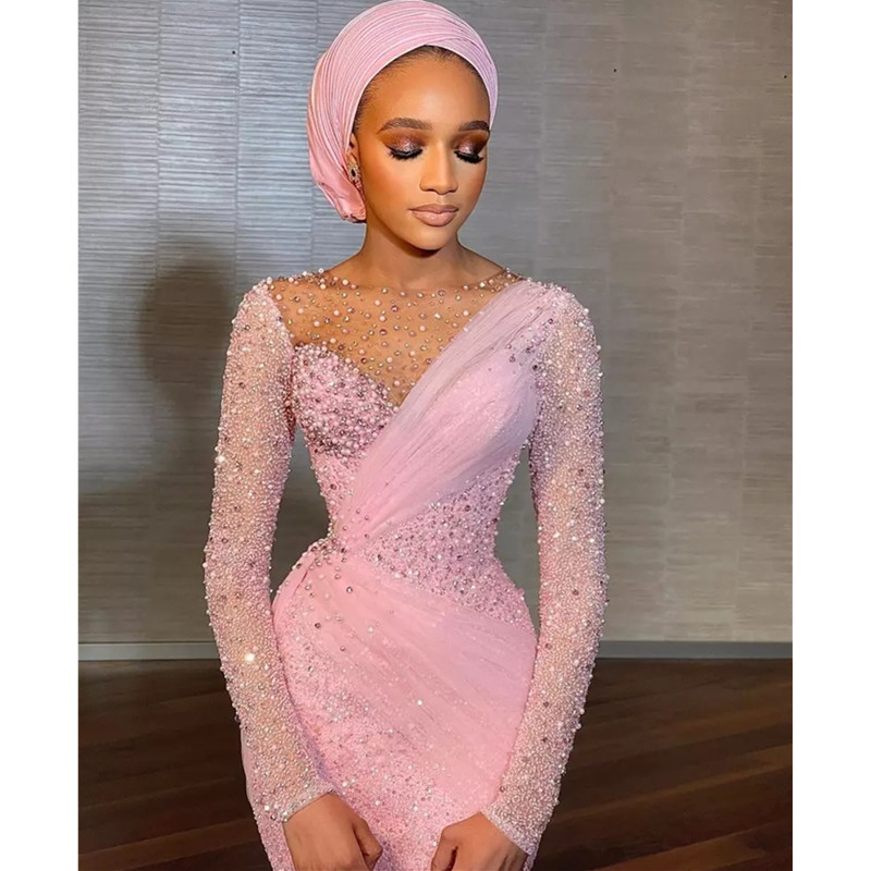 Pink Sexy Mermaid Prom Dresses Sparkly Crystal Beaded Scoop Neck Long Sleeve Evening Gowns Arabic Special Occasion Dress Wear